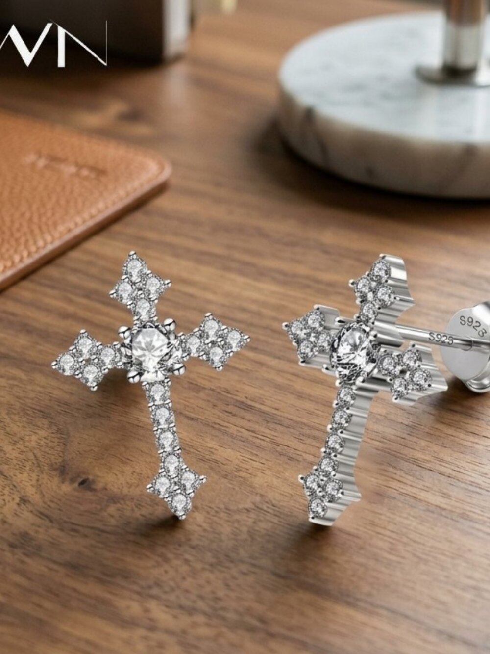 Mens Moissanite Cross Stud Earrings, 925 Sterling Silver